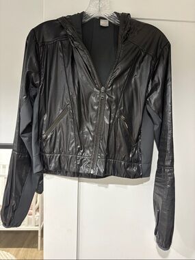 Zella Black Shiny Hooded Bomber Jacket. Mesh lined. Zip pockets.